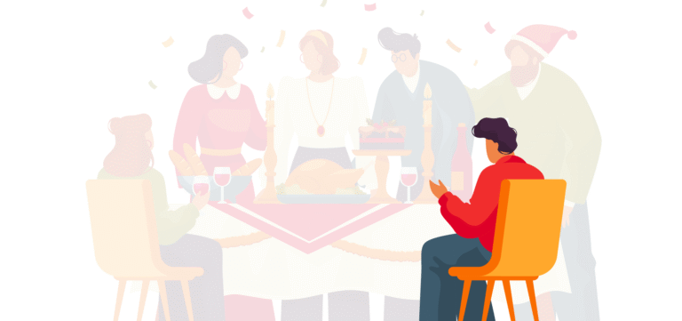 A lone man sits on the right side of a holiday dinner table, watching a blurred-out family gathering as if feeling left out