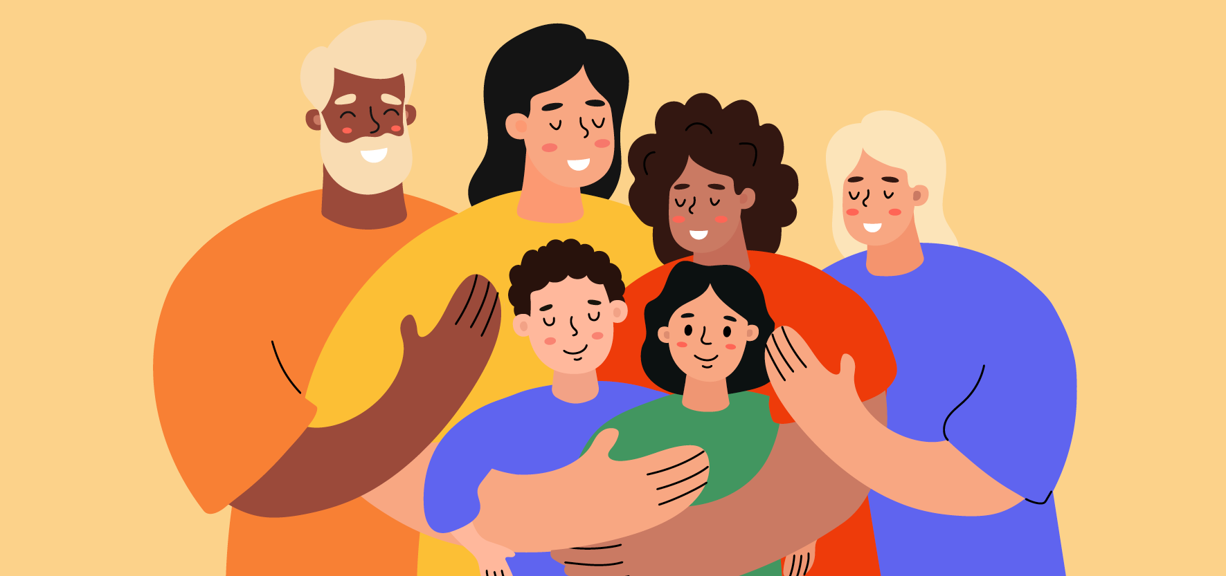 An illustration of a diverse group of smiling people from multiple generations huddled together in a warm embrace